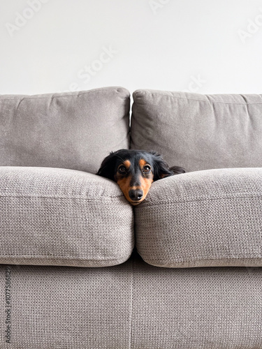 Dachshund dog relaxing in gray sofa with head peeking out