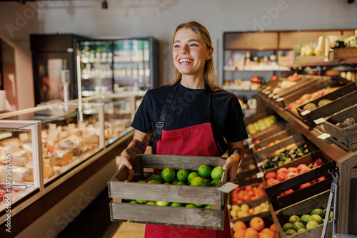 Canvastavla A proud and enthusiastic employee is showcasing a basket of fresh limes in a gro