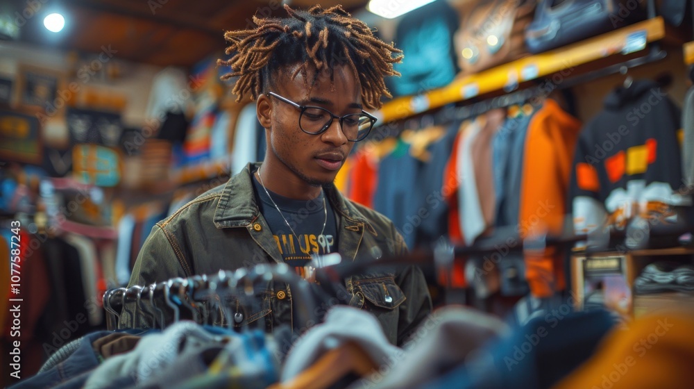 © Dennis - A young African American male shop assistant arranging clothes on a rack in a brightly lit boutique © Dennis - A young African American male shop assistant arranging clothes on a rack in a brightly lit boutique