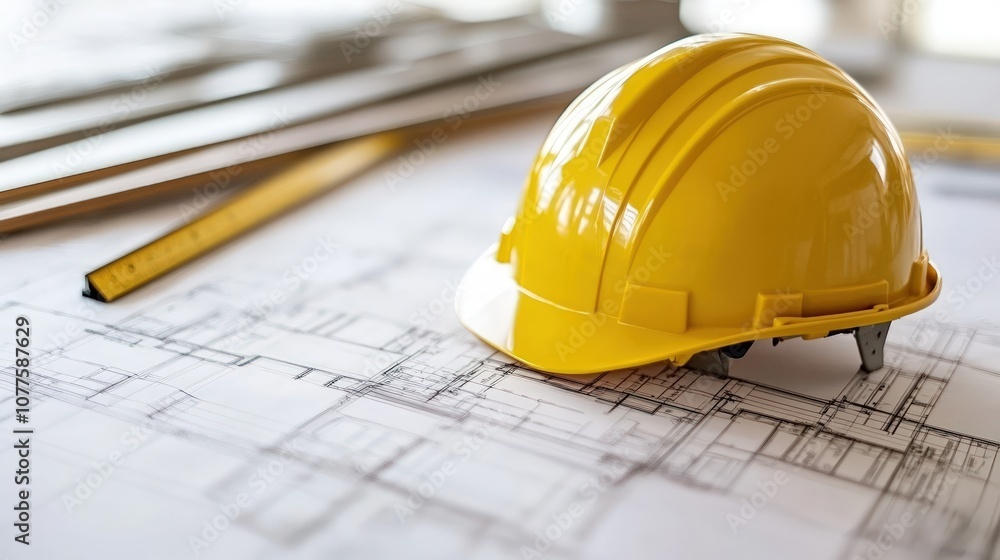 A yellow hard hat rests on blueprints with a measuring tape nearby. A yellow hard hat rests on blueprints with a measuring tape nearby.