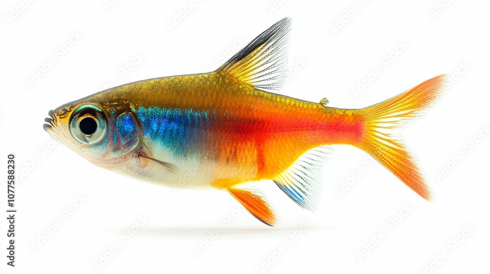 A close-up view of a colorful red, yellow, and blue fish swimming in clear water A close-up view of a colorful red, yellow, and blue fish swimming in clear water