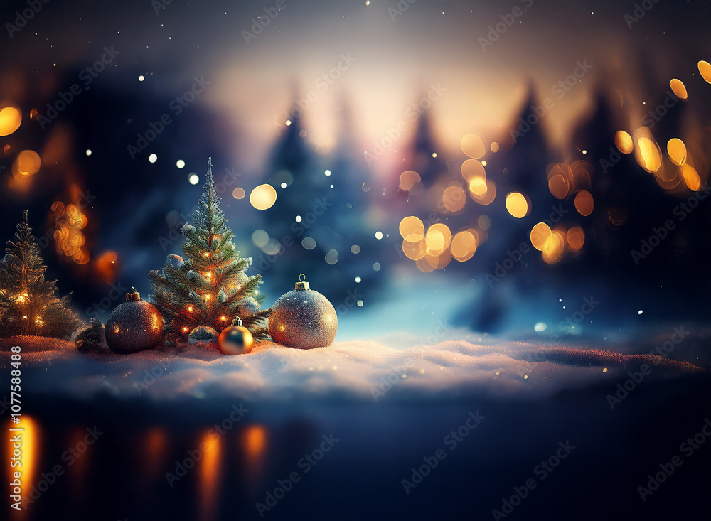 Fototapeta premium Two small decorated Christmas trees sit in the snow with twinkling lights reflecting in the background.
