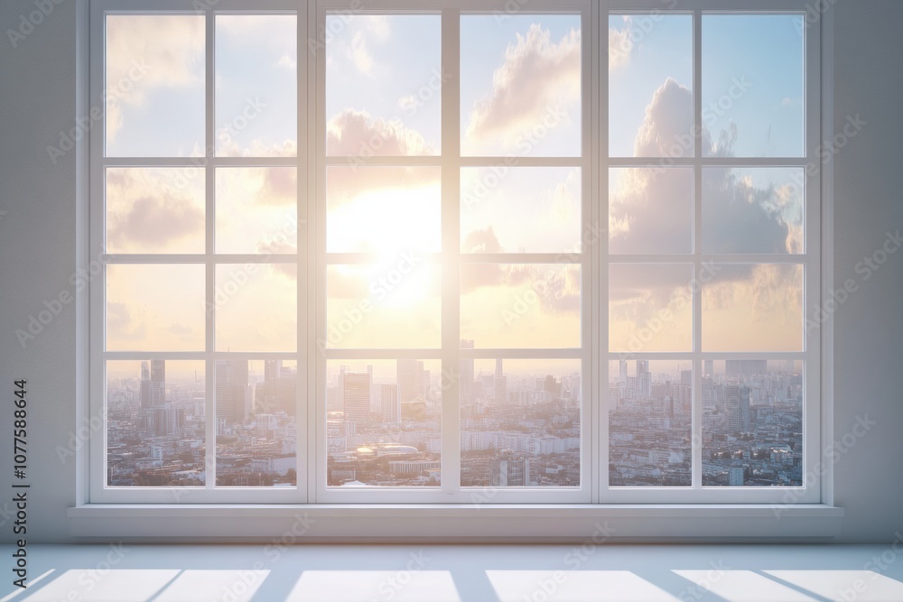 Clean window with city skyline view, sunlight streaming through. Clean window with city skyline view, sunlight streaming through.