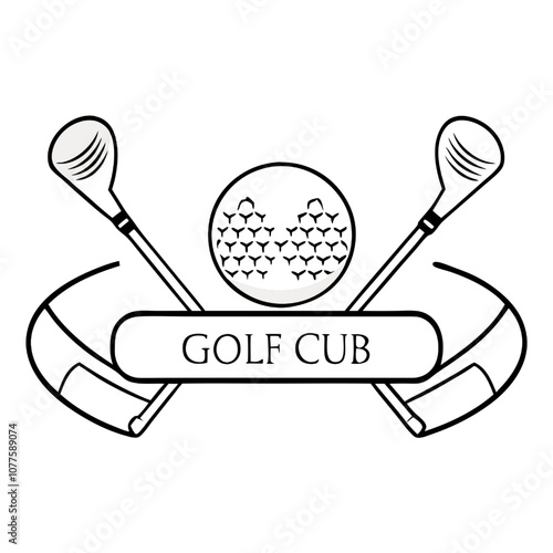 Golf Club Logo: A clean and classic golf logo design featuring two crossed golf clubs, a golf ball, and a banner with "GOLF CLUB" written across it.  Perfect for a golf course, tournament.