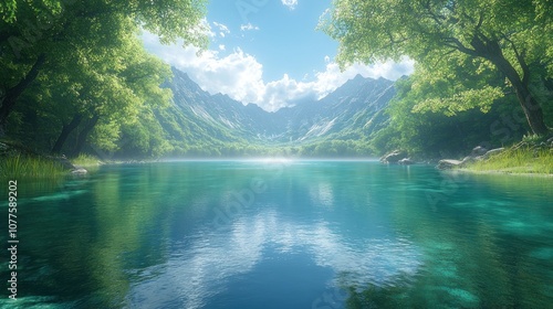 Serene lake surrounded by lush mountains and clear blue skies.
