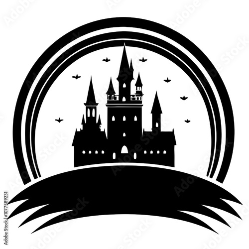 Spooky Castle Silhouette: A majestic castle silhouette, encircled by bats and a dark, whimsical moon, sits atop a grassy hill, perfect for Halloween or gothic-themed designs.