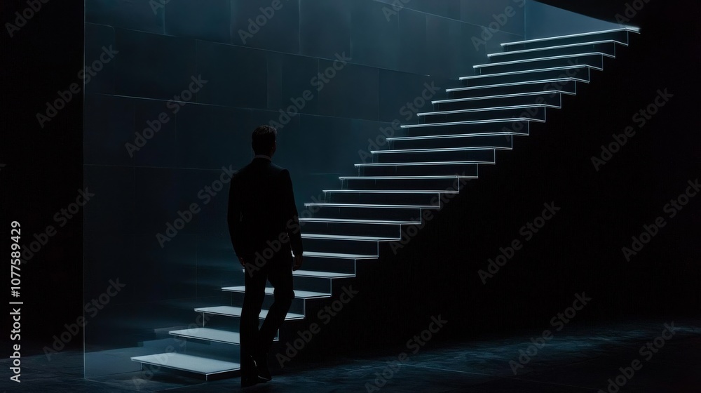 A lone figure walks up a stark, illuminated staircase in a dark room, symbolizing ambition and progress. A lone figure walks up a stark, illuminated staircase in a dark room, symbolizing ambition and progress.
