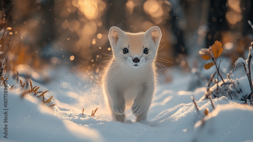 A playful animal running through snowy terrain at sunset. A playful animal running through snowy terrain at sunset.