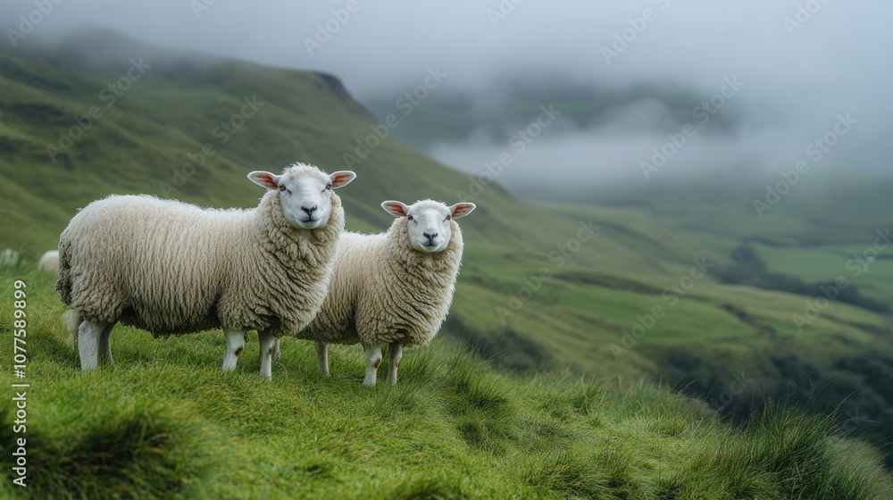 Fototapeta premium Two sheep standing on a grassy hillside in a misty landscape.