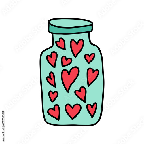 Glass jar love poison bottle with red hearts inside isolated on white in doodle style. Drawn love poison for Valentines Day, weddings. Use love poison for enchanting romance and special celebrations