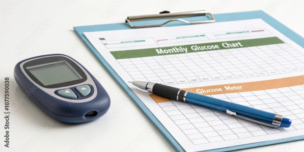 A snapshot of a healthcare tool kit featuring a printed monthly glucose chart a glucose meter and a pen for noting daily readings. A snapshot of a healthcare tool kit featuring a printed monthly glucose chart a glucose meter and a pen for noting daily readings.