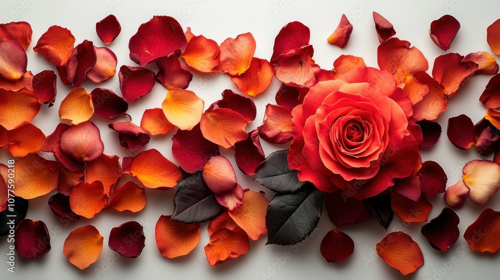 A vibrant rose surrounded by colorful petals on a white surface. A vibrant rose surrounded by colorful petals on a white surface.