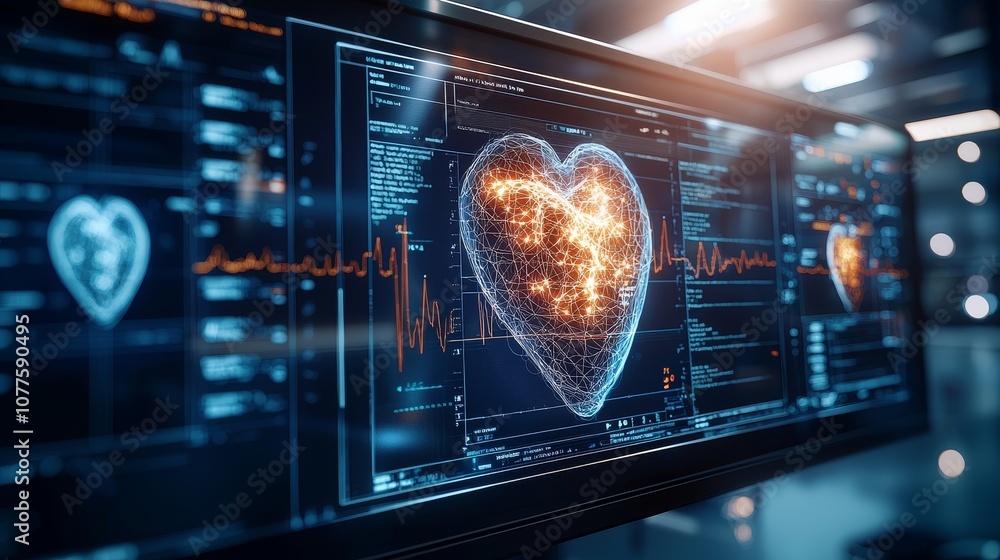 Detailed heart organ scan with interactive monitoring displays, with data points highlighting pulse, oxygen, and rhythm on a virtual screen Detailed heart organ scan with interactive monitoring displays, with data points highlighting pulse, oxygen, and rhythm on a virtual screen