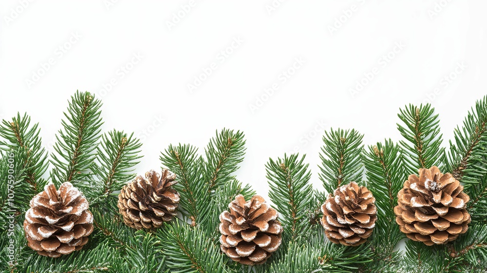 Pine Cones and Evergreen Branches with a White Background Pine Cones and Evergreen Branches with a White Background