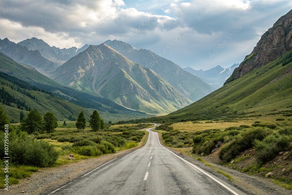 Mountainous landscape with empty asphalt road, open road, mountain landscape, vastness, natural scenery, calm atmosphere Mountainous landscape with empty asphalt road, open road, mountain landscape, vastness, natural scenery, calm atmosphere