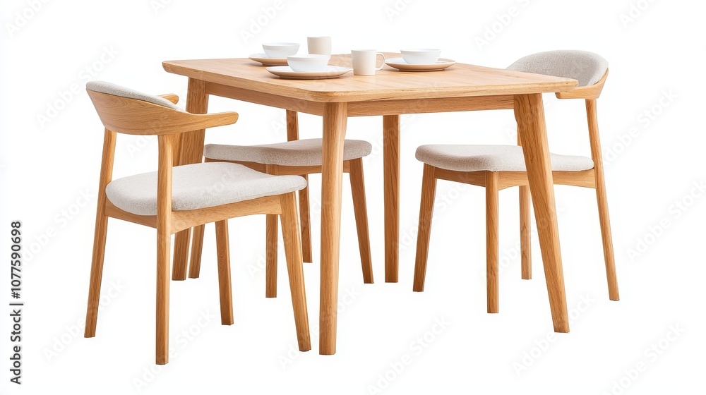 Stylish wooden dining table and upholstered fabric chairs, isolated on white background, for kitchen dining set promotions Stylish wooden dining table and upholstered fabric chairs, isolated on white background, for kitchen dining set promotions