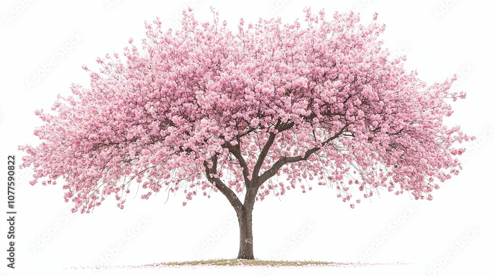 A single blooming cherry blossom tree with pink flowers against a white background. A single blooming cherry blossom tree with pink flowers against a white background.