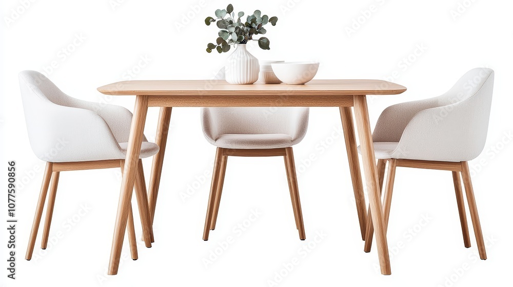 Modern dining table with fabric-covered chairs, high-quality wood design, isolated on white for kitchen and dining room product ads Modern dining table with fabric-covered chairs, high-quality wood design, isolated on white for kitchen and dining room product ads