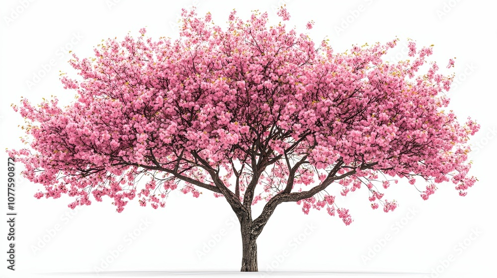 A Single Cherry Blossom Tree in Full Bloom Against a White Background A Single Cherry Blossom Tree in Full Bloom Against a White Background