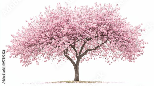 A single blooming cherry blossom tree with pink flowers against a white background.