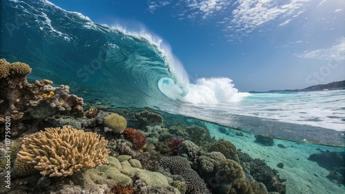 Ocean wave crashing against the coral reef, aquatic scenery, breaking wave, coral reef