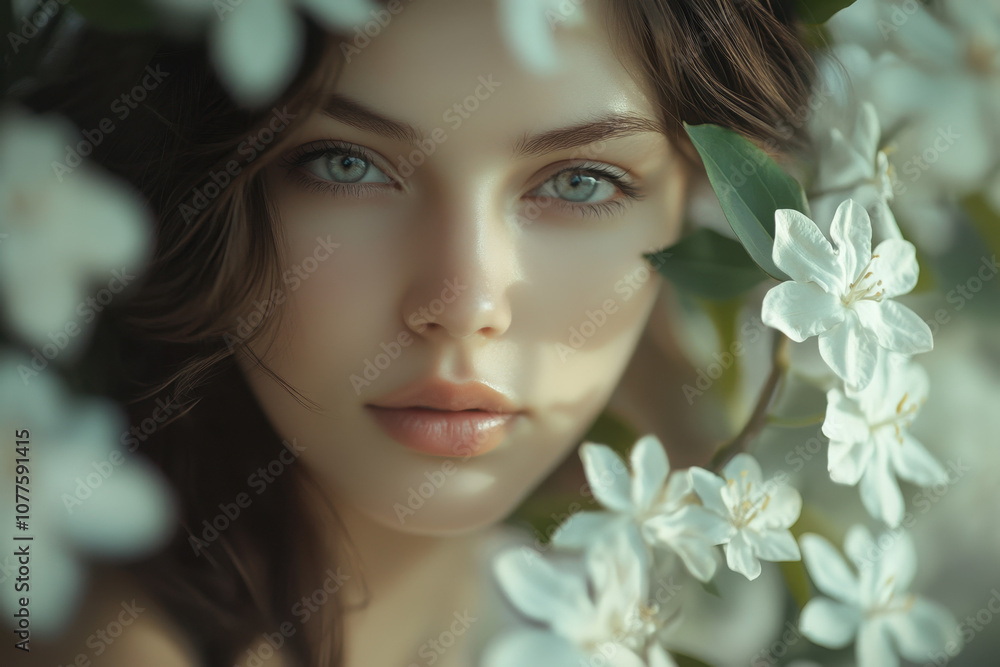Portrait of a young woman with fair skin surrounded by blooming white flowers, evoking a serene and ethereal ambiance. Portrait of a young woman with fair skin surrounded by blooming white flowers, evoking a serene and ethereal ambiance.
