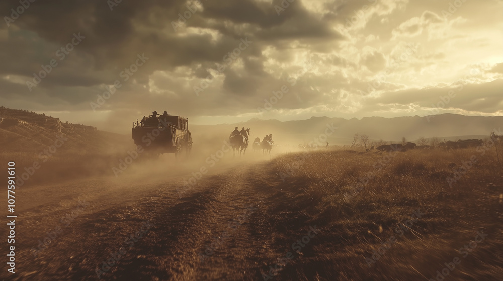 Fototapeta premium Open on a dusty trail in the Old West. A line of wagons train moves slowly kicking up clouds of dirt. 