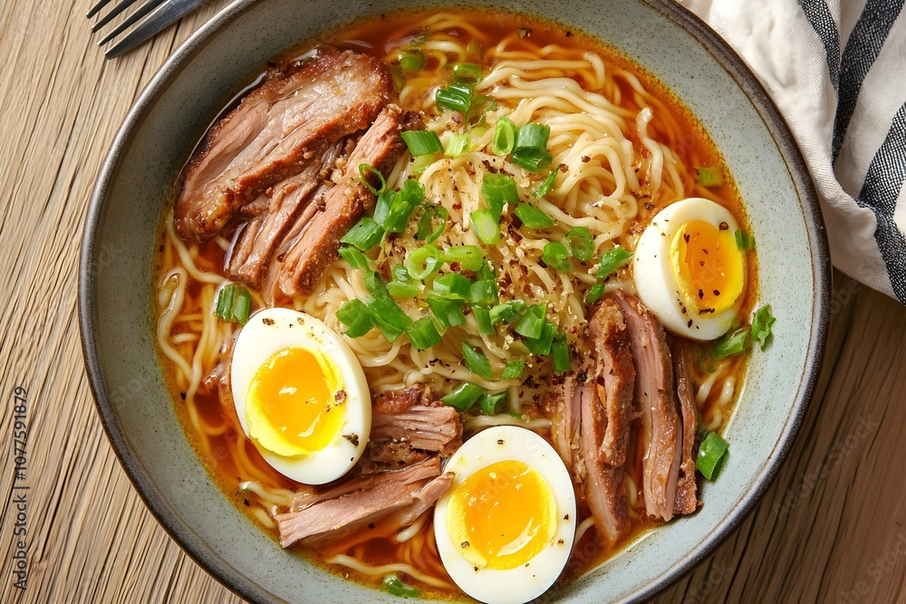 Steaming Bowl of Ramen with Rich Broth, Soft-Boiled Egg, Sliced Pork, and Green Onions, Professional Editorial Photo in Bright Natural Light and Vibrant Colors Steaming Bowl of Ramen with Rich Broth, Soft-Boiled Egg, Sliced Pork, and Green Onions, Professional Editorial Photo in Bright Natural Light and Vibrant Colors