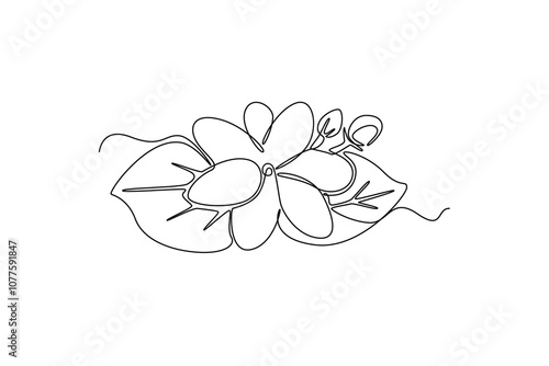Continuous one line drawing beauty fresh evergreen jasmine flower. Printable decorative poster jasminum concept for home wall decor art or garden. Single line draw design vector graphic illustration