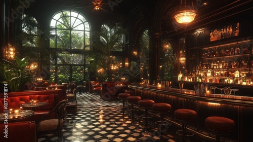 Elegant bar interior with lush greenery and ambient lighting.