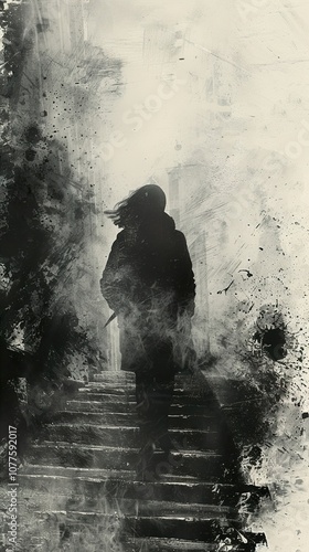 A Haunting Silhouette Ascending a Foggy Staircase