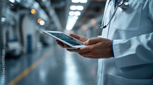 A healthcare professional using a tablet in a clinical setting.