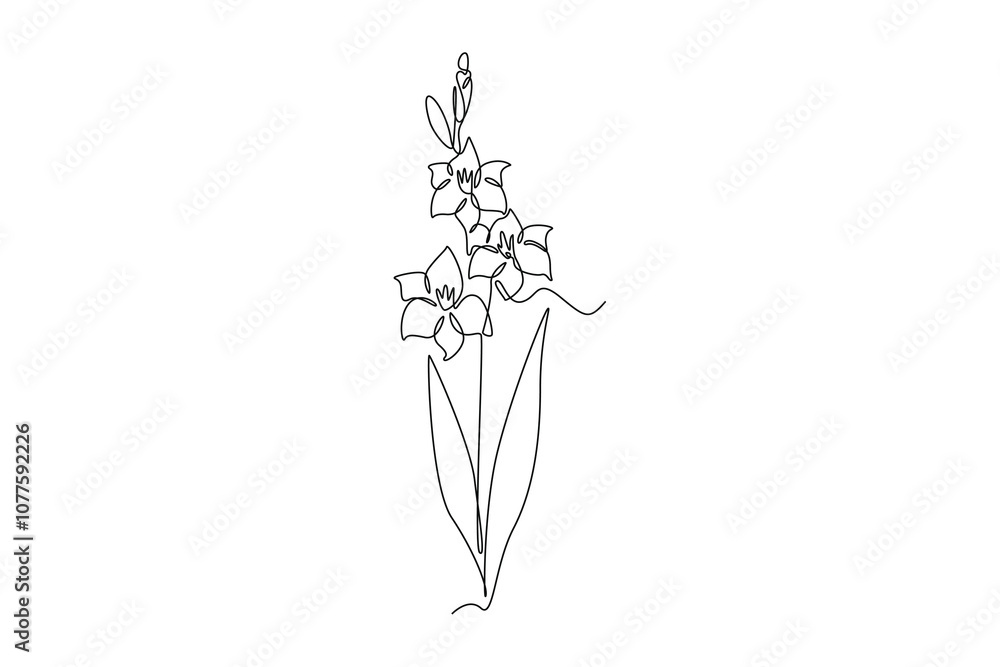 Single continuous line drawing beauty fresh gladiolus for home wall decor poster art. Printable decorative sword gladius flower concept for fashion textile. One line graphic design vector illustration Single continuous line drawing beauty fresh gladiolus for home wall decor poster art. Printable decorative sword gladius flower concept for fashion textile. One line graphic design vector illustration