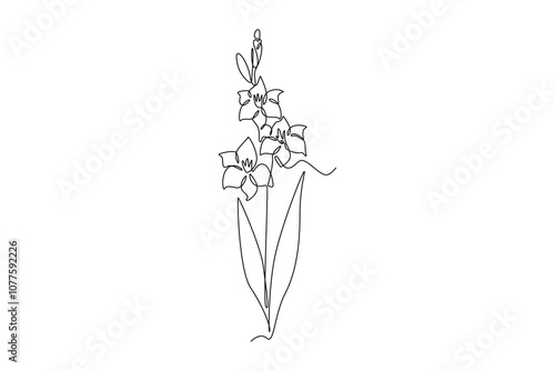 Single continuous line drawing beauty fresh gladiolus for home wall decor poster art. Printable decorative sword gladius flower concept for fashion textile. One line graphic design vector illustration