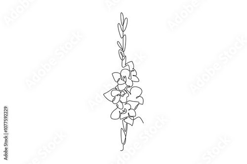 Single one line drawing of beauty fresh gladiolus. Printable decorative poster sword gladius flower concept for home wall decoration art. Modern continuous line draw design graphic vector illustration