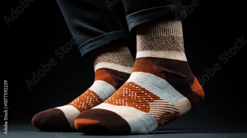 Close-up view of two feet wearing colorful patterned socks with orange, brown, beige, and gray stripes and geometric designs against a dark background. photo