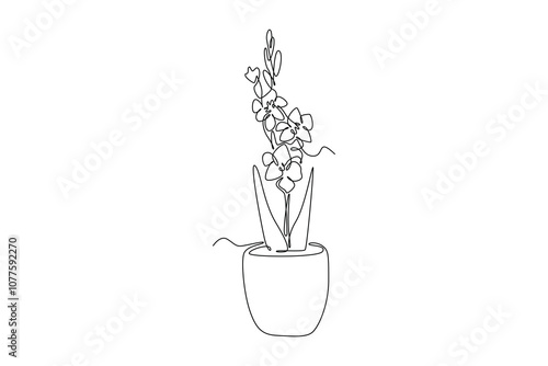 Single one line drawing beauty fresh gladiolus for home decor poster. Printable decorative sword gladius flower concept for greeting card ornament. Continuous line design graphic vector illustration