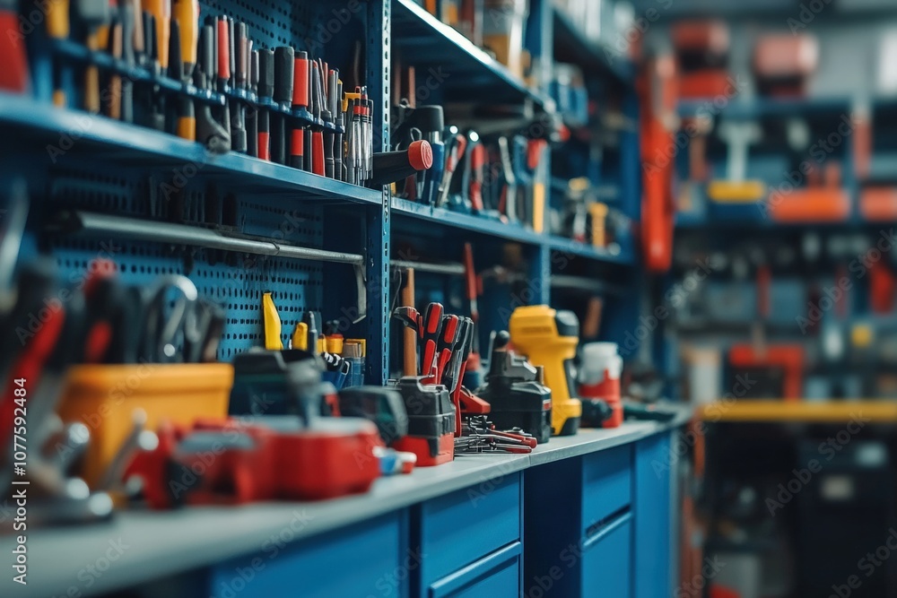Organized garage with shelves and tools, dust-free and spotless. Organized garage with shelves and tools, dust-free and spotless.