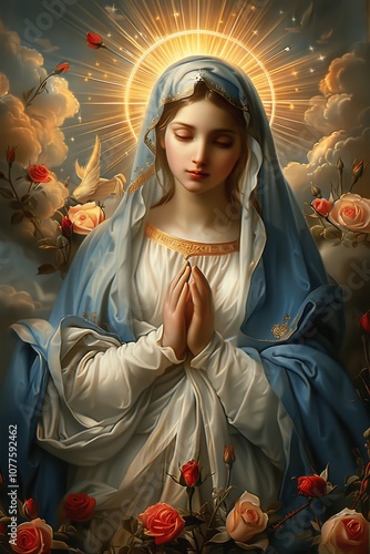 Sacred Heart of Mary Holding Golden Sun with Roses and Thorns