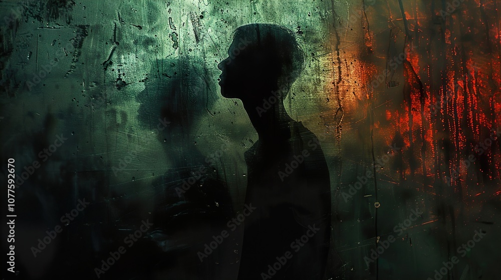 Obraz premium Silhouette of a Figure in a Foggy Window Reflection: A Study in Mystery and Thought