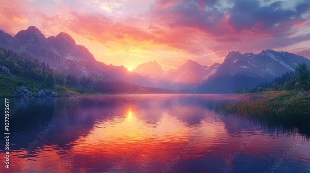 A picturesque mountain lake reflects the vibrant colors of a dramatic sunset, with snow-capped peaks and lush green trees in the foreground. A picturesque mountain lake reflects the vibrant colors of a dramatic sunset, with snow-capped peaks and lush green trees in the foreground.