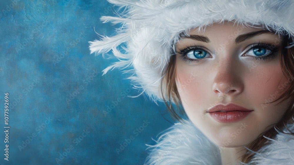 A young girl gazes directly at the viewer with her captivating blue eyes. She dons a fluffy white hat surrounded by soft feathers, creating a warm contrast against the cool blue backdrop. A young girl gazes directly at the viewer with her captivating blue eyes. She dons a fluffy white hat surrounded by soft feathers, creating a warm contrast against the cool blue backdrop.