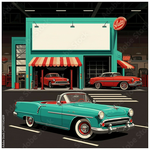 Gas station in the city. Illustration stylized as an old artwork of a gas station. Car in the city	 photo