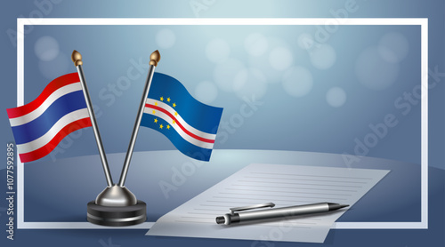 Thailand and Cape Verde, Small national flag on bokeh background, cooperative relationship