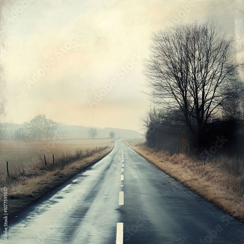 Serene Country Road in Foggy Landscape - Tranquil Nature Photography