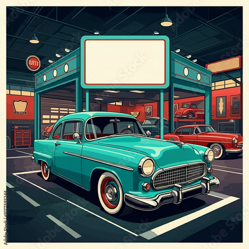 Gas station in the city. Illustration stylized as an old artwork of a gas station. Car in the city	 photo