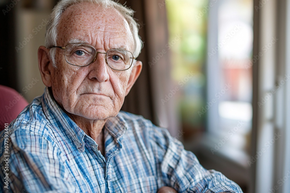 Senior Man Portrait with Serious Expression Glasses and Plaid Shirt Senior Man Portrait with Serious Expression Glasses and Plaid Shirt