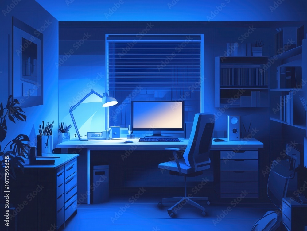 a flat illustration of an office space, blue gradient colors a flat illustration of an office space, blue gradient colors