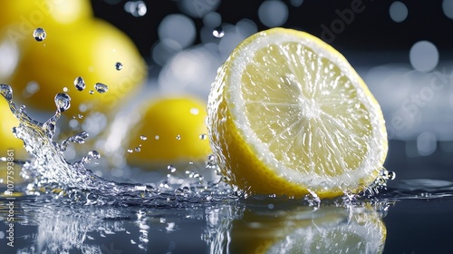 High-energy close-up of halved lemon splashing in dark water, citrus texture and splash detail, glowing with morning vibrance