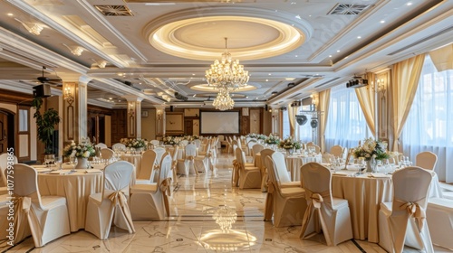 Luxury banquet hall with tables and chairs prepared for conference, AI generated image